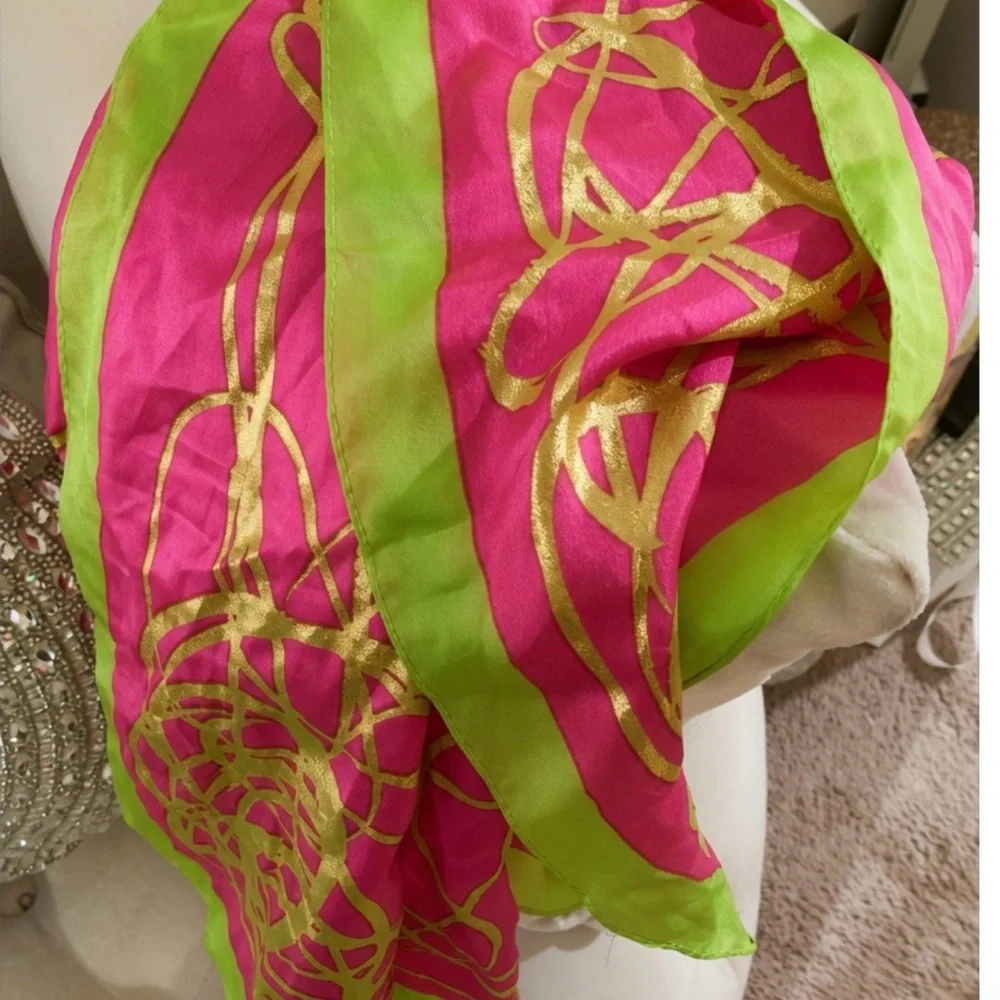 Vibrant Pink & Lime Green Floral Silk Scarf with Gold Accents